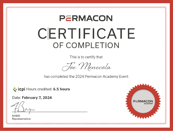 Permacon Certificate - Joe Senior Roma Paving proudly participates in continuing education regarding materials and techniques.